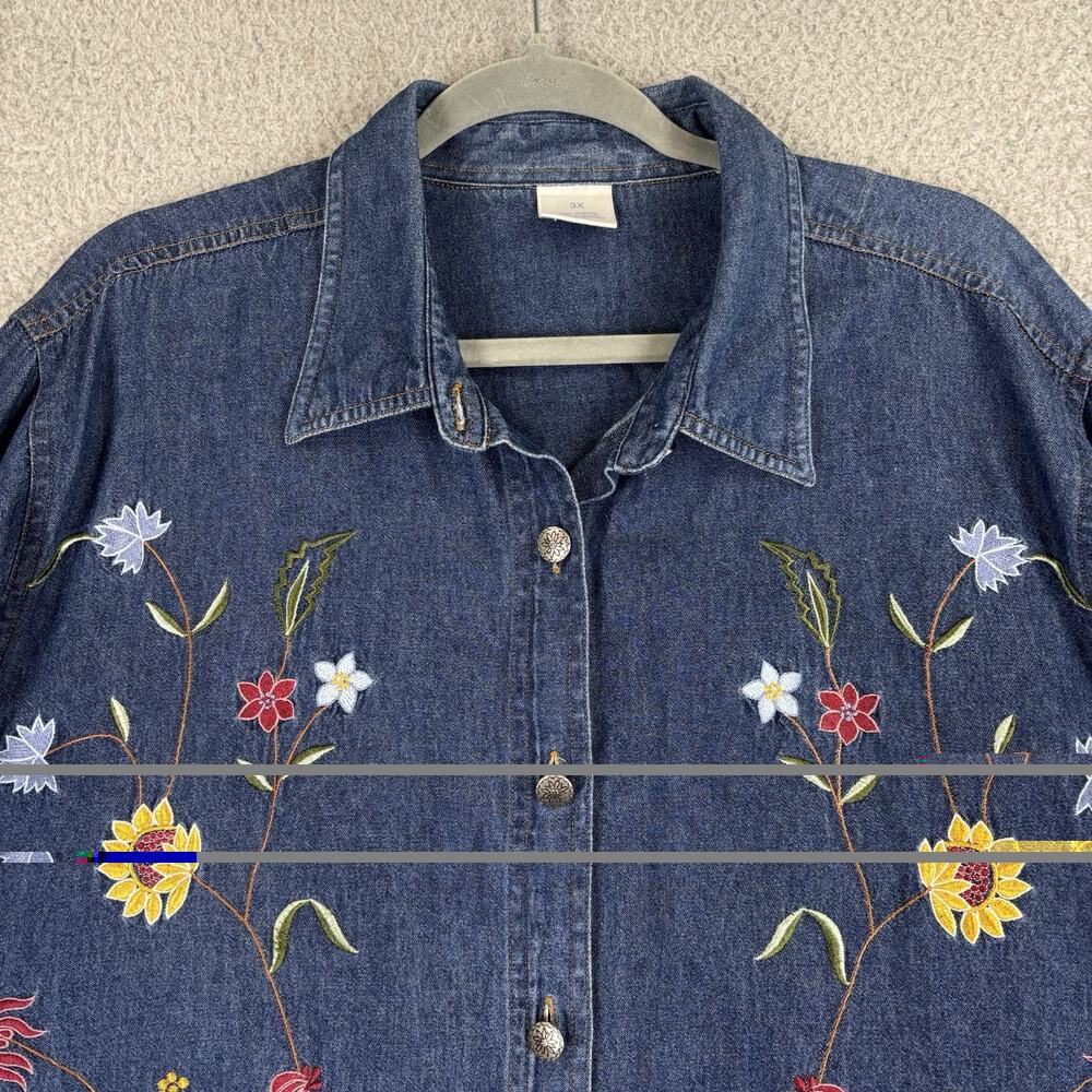 VTG Denim Embroidered Top 3X Floral Cottage Prairie Teacher 100% Cotton Natural - Picture 2 of 12
